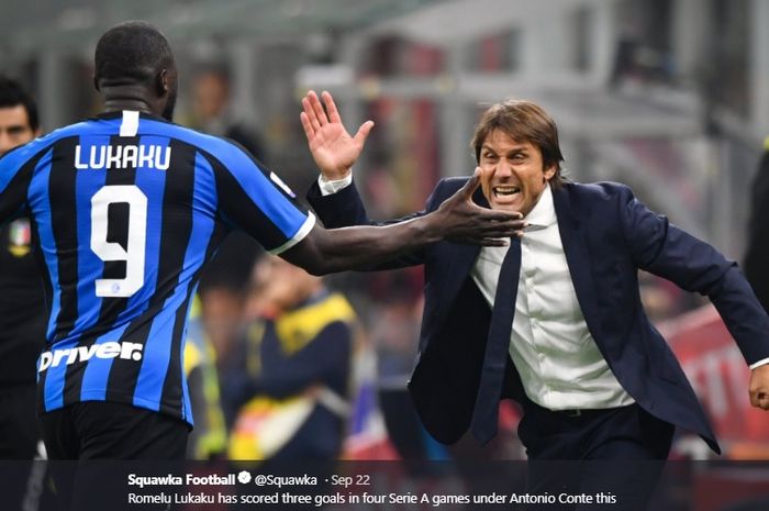 Ekspresi Antonio Conte ketika Romelu Lukaku sukses mencetak gol penutup dalam kemenangan 2-0 Inter Milan atas AC Milan di San Siro, akhir pekan lalu.