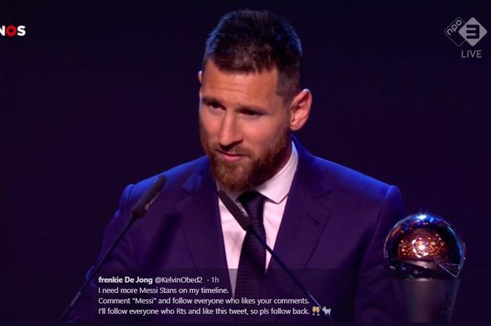 Megabintang Barcelona, Lionel Messi, saat memenangi penghargaan FIFA Best Men Player 2019.