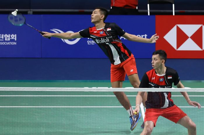 Pasangan ganda putra nasional Indonesia, Fajar Alfian/Muhammad Rian Ardianto, saat menjalani laga babak kedua Korea Open 2019 di Incheon, Korea Selatan, Kamis (26/9/2019).