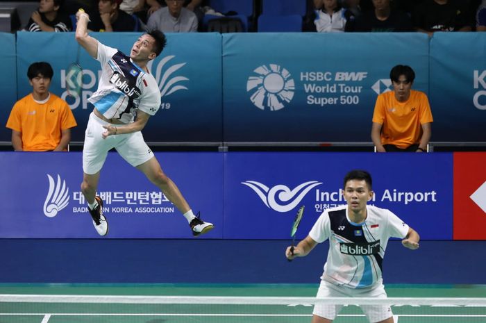 Pasangan ganda putra Indonesia, Fajar Alfian/Muhammad Rian Ardianto, tampil pada perempat final Korea Open 2019 di Airport Incheon Skydome, Jumat (27/9/2019).