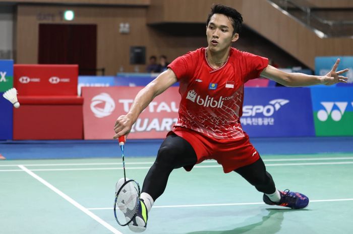 Pebulu tangkis tunggal putra Indonesia, Jonatan Christie, tampil pada babak perempat final Korea Open 2019, Jumat (27/9/2019).