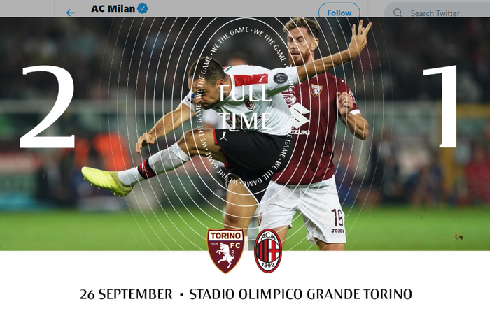 AC Milan mengalami kekalahan ke-3 di Liga Italia musim ini setelah menyerah 1-2 dari Torino pada pekan ke-5, Kamis (26/9/2019) di Stadion Olimpico Turin.