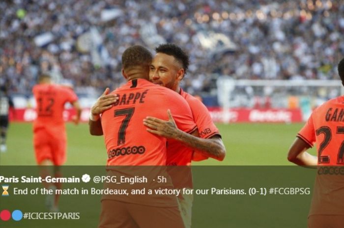 Neymar dan Kylian Mbappe merayakan kemenangan PSG atas Bordeaux pada Sabtu (28/9/2019).