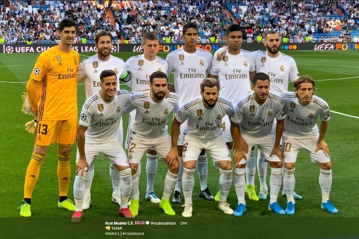 Real Madrid sebelum bertanding melawan Club Brugge di Estadio Santiago Bernabeu, Selasa (1/10/2019).