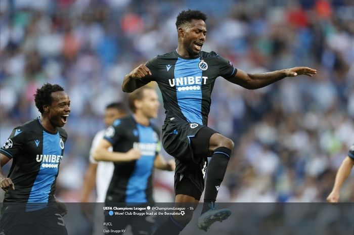 Pemain Club Brugge, Emmanuel Dennis, menjebol gawnag Real Madrid dalam laga di Estadio Santiago Bernabeu pada Selasa (1/10/2019).