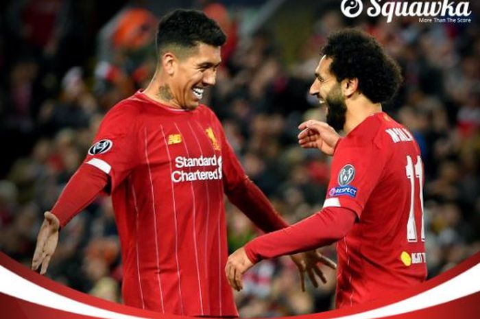 Duo penyerang Liverpool, Roberto Firmino dan Mohamed Salah, merayakan gol yang dicetak ke gawang Salzburg dalam laga Grup E Liga Champions di Stadion Anfield, Rabu (2/10/2019).