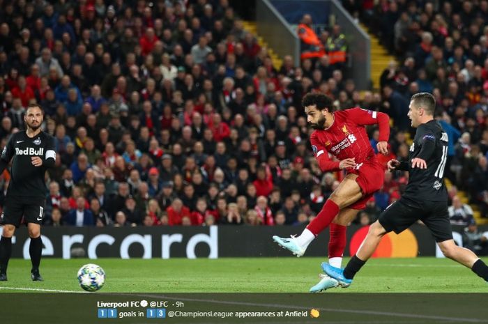 Aksi Mohamed Salah ketika mencetak gol keduanya sekaligus gol kemenangan 4-3 Liverpool atas RB Salzburg di Stadion Anfield, Rabu (2/10/2019) atau Kamis dini hari WIB.