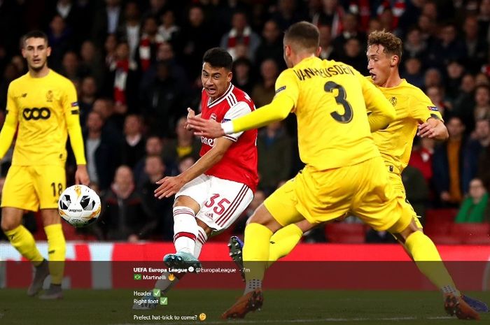 Striker Arsenal, Gabriel Martineli, mencetak gol ke gawnag Standard Liege dalam laga di Emirates Stadium, Rabu (3/10/2019).