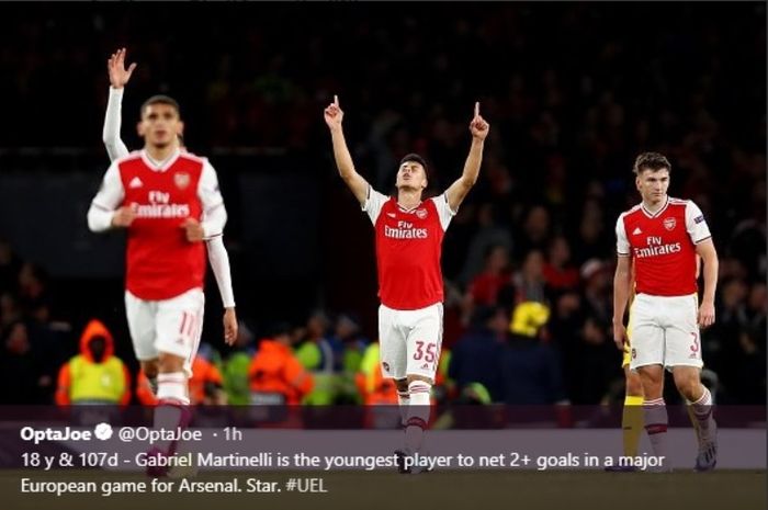 Striker Arsenal, Gabriel Martinelli, melakukan selebrasi seusai menjebol gawang Standard Liege di Emirates Stadium, Kamis (3/10/2019).