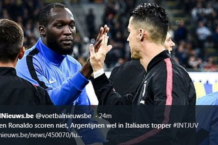 Romelu Lukaku dan Cristiano Ronaldo dalam laga Inter Milan versus Juventus di Giuseppe Meazza, Minggu (6/10/2019).