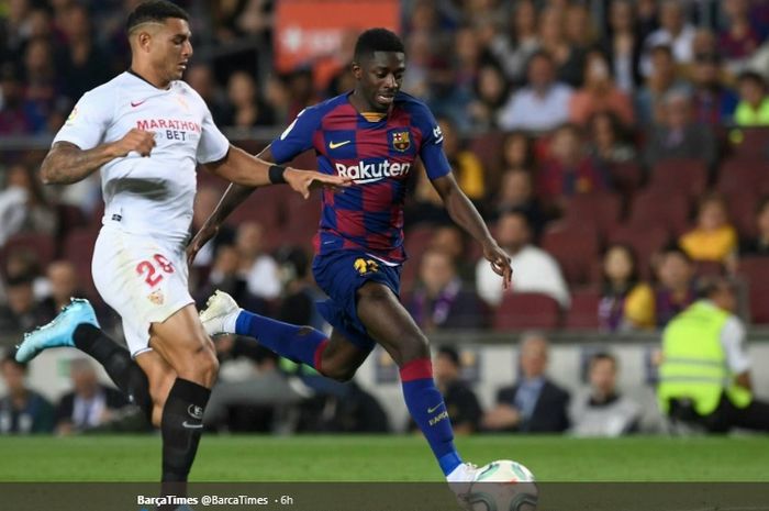 Winger Barcelona, Ousmane Dembele, dijatuhi hukuman kartu merah usai dianggap berbicara kasar kepada wasit pada laga Barcelona kontra Sevilla di Camp Nou, Minggu (6/10/2019).