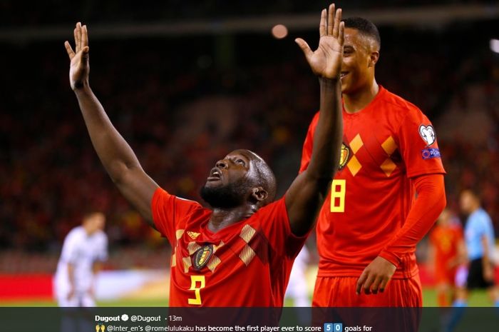 Selebrasi Romelu Lukaku ketika mampu mencetak gol ke gawang San Marino dalam kemenangan 7-0 Belgia pada laga Grup I Kualifikasi Euro 2020 di Stadion Stadion King Baudouin, Belgia, Kamis (10/10/2019).