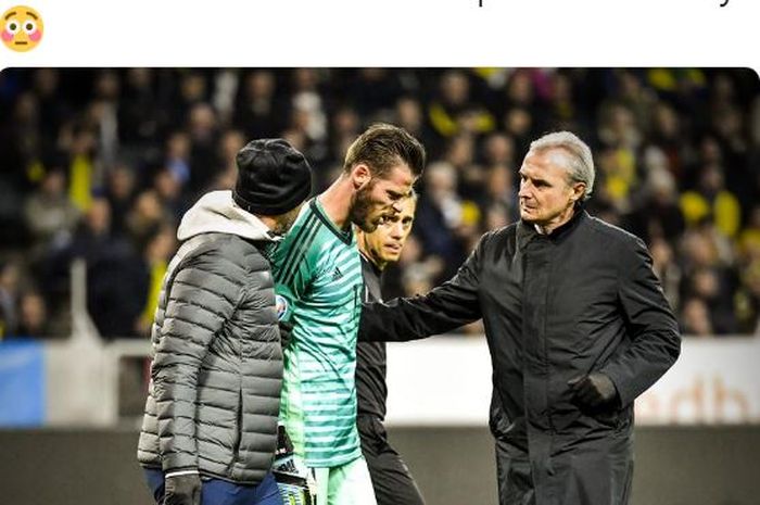 Kiper timnas Spanyol, David de Gea, mengalami cedera dalam laga Grup F Kualifikasi Euro 2020 melawan timnas Swedia di Stadion Friends Arena, Selasa (15/10/2019).