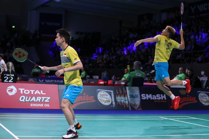 Ganda putra Indonesia, Marcus Fernaldi Gideon/Kevin Sanjaya Sukamuljo, tampil pada babak perempat final Denmark Open 2019 di Odense, Denmark, Jumat (18/10/2019).