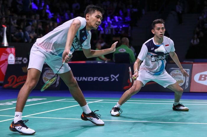 Pasangan ganda putra Indonesia, Fajar Alfian/Muhammad Rian Ardianto, bertanding pada babak perempat final Denmark Open 2019, Jumat (18/10/2019).