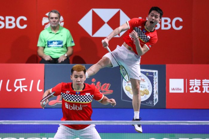 Ganda putra Indonesia, Marcus Fernaldi Gideon/Kevin Sanjaya Sukamuljo pada babak semifinal Denmark Open 2019, Sabtu (19/10/2019)