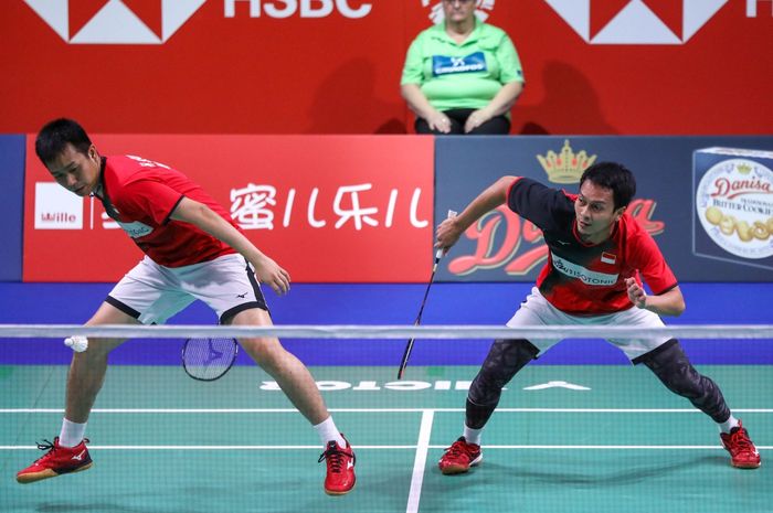 Ganda putra Indonesia yakni Mohammad Ahsan/Hendra Setiawan saat berlaga di semifinal Denmark Open 2019, Sabtu (19/10/2019)