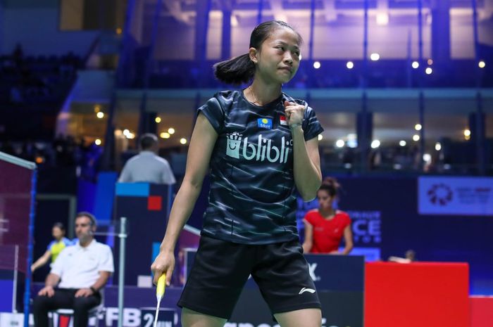 Ekspresi pemain tunggal putri Indonesia, Fitriani, pada babak pertama French Open 2019 di Paris, Prancis, Rabu (23/10/2019).