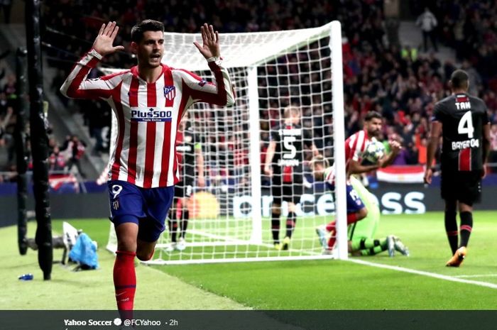 Striker Atletico Madrid, Alvaro Morata, melakukan selebrasi usai membobol gawang Bayer Leverkusen dalam matchday ketiga Grup D Liga Champions 2019-2020, Selasa (22/10/2019).