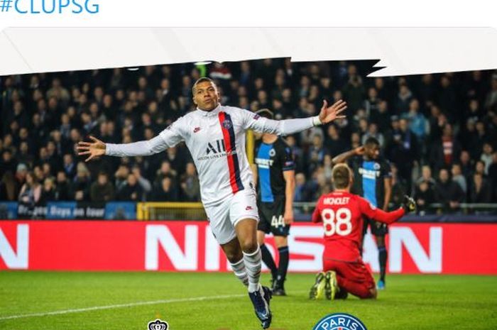 Penyerang Paris Saint-Germain, Kylian Mbappe, merayakan gol yang dicetak ke gawang Club Brugge dalam laga Grup A Liga Champions di Jan Breydelstadion, Selasa (22/10/2019).