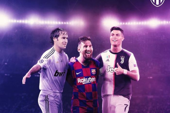 Striker legendaris Real Madrid, Raul Gonzalez, megabintang Barcelona, Lionel Messi, dan megabintang Juventus, Cristiano Ronaldo.