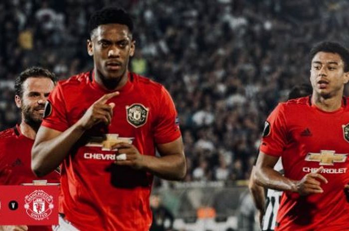 Penyerang Manchester United, Anthony Martial, merayakan gol yang dicetak ke gawang FK Partizan dalam laga Grup L Liga Europa di Stadion FK Partizan, Kamis (24/10/2019).