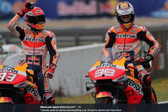 Dua pembalap Repsol Honda di MotoGP musim 2019, Marc Marquez (kiri) dan Jorge Lorenzo.