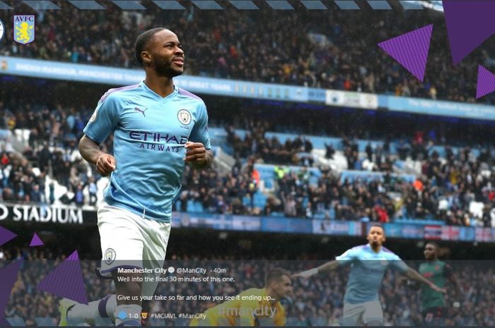 Pemain sayap Manchester City, Raheem Sterling, merayakan golnya ke gawang Aston Villa.