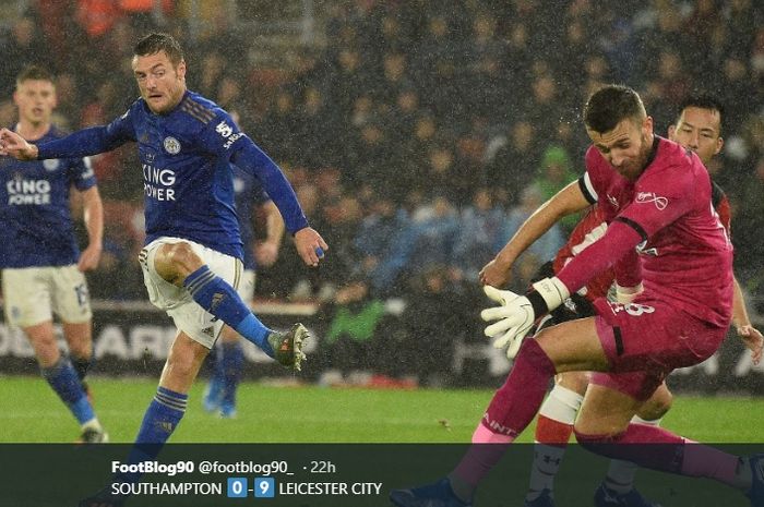 Momen Jamie Vadry mencetak salah satu gol dari hat-tricknya ke gawang Southampton dalam kemenangan telak 9-0 pada pertandingan pekan ke-10 Liga Inggris, Sabtu (26/10/2019).