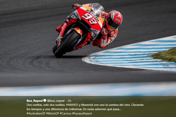 Aksi pembalap Repsol Honda, Marc Marquez pada sesi balapan MotoGP Australia 2019, Minggu (27/10/2019)