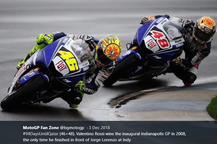 Momen saat Valentino Rossi menyalip Jorge Lorenzo di Indianapolis pada MotoGP 2008