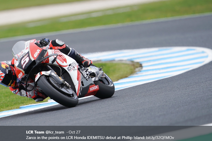 Aksi pembalap LCR Honda, Johann Zarco, pada balapan MotoGP Australia di Sirkuit Phillip Island, 27 Oktober 2019.