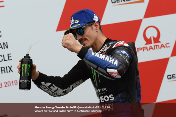 Ekspresi pembalap Monster Energy Yamaha, Maverick Vinales, saat berhasil meraih pole position pada MotoGP Australia 2019.