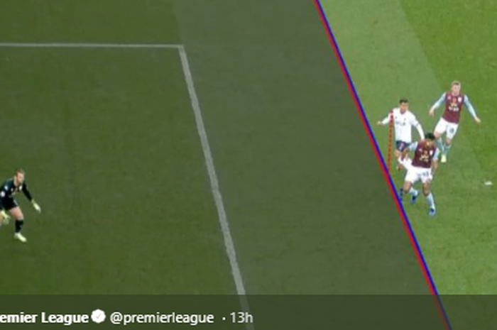 VAR menunjukkan posisi Roberto Firmino yang berada sedikit lebih maju dari bek terakhir Aston Villa. 