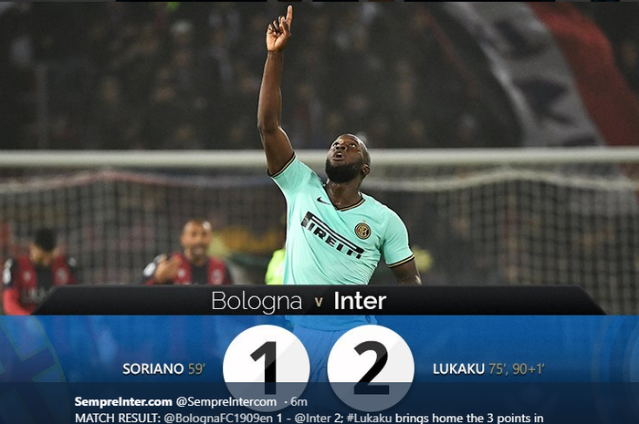 Dua gol Romelu Lukaku membawa Inter Milan mengalahkan Bologna 2-1 pada pekan ke-11 Liga Italia, Sabtu (2/11/2019) di Stadion Renato Dall'Ara.