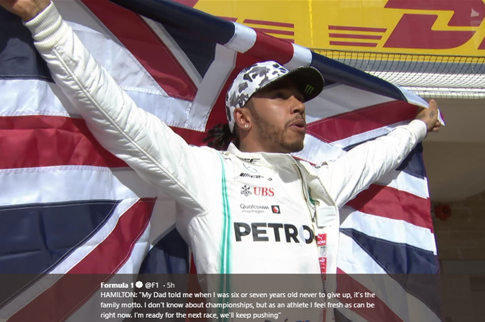 Ekspresi pembalap tim Mercedes, LEwis Hamilton, usai memastikan diri merengkuh gelar juara dunai F1 2019 di Circuit of the Americas, Austin, Minggu (3/11/2019)