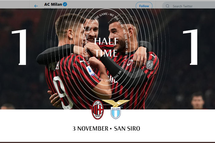 AC Milan bermain imbang 1-1 melawan Lazio pada pekan ke-11 Liga Italia, Minggu (3/11/2019) di San Siro.