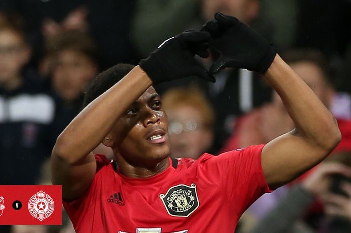 Selebrasi Anthony Martial usai menjebol gawang Partizan Belgrade di Stadion Old Trafford, Kamis (7/11/2019) atau Jumat dini hari WIB. 