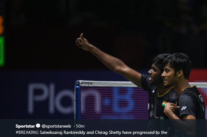 Ganda putra India, Satwiksairaj Rankireddy/Chirag Shetty, merayakan kemenangan mereka atas Li Junhui/Liu Yuchen, pada babak perempat final Fuzhou China Open 2019 di Haixia Olympic Sports Center, Fuzhou, 8 November 2019.