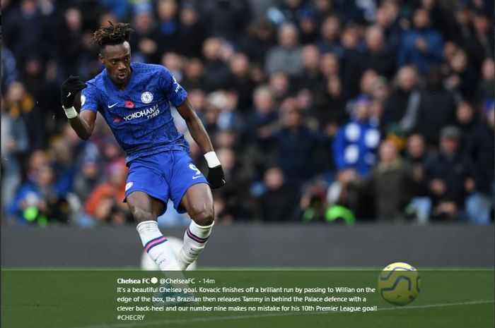 Striker Chelsea, Tammy Abraham, saat mencetak gol ke gawang Crystal Palace pada laga lanjutan Liga Inggris.