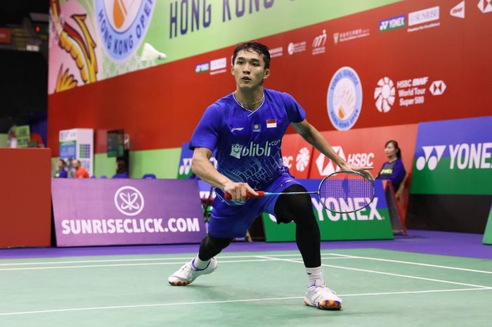 Pebulu tangkis tunggal putra Indonesia, Jonatan Christie, pada babak pertama Hong Kong Open 2019 di Hong Kong Coliseum, Rabu (13/11/2019).