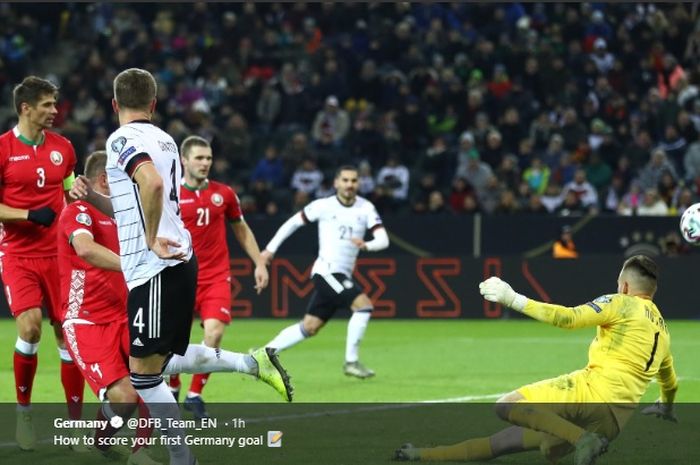 Proses terjadinya gol pertama timnas Jerman ke gawang timnas Belarusia yang dicetak oleh Matthias Ginter pada matchday ke-9 Grup C Kualifikasi Euro 2020, Sabtu (16/11/2019).