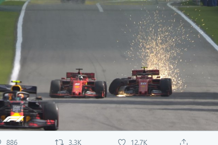 Tabrakan antara dua pembalap Ferrari, Sebastian Vettel dan Charles Leclerc, di balapan F1 GP Brasil, Minggu (17/11/2019).