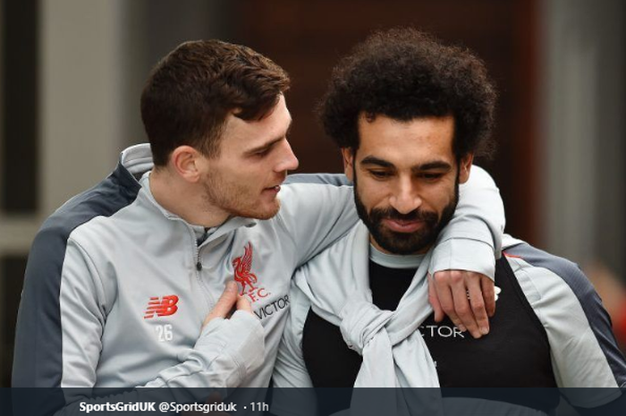 Andy Robertson (Kiri) dan Mohamed Salah diragukan tampil di laga kontra Crystal Palace yang akan digelar Sabtu (23/11/2019)