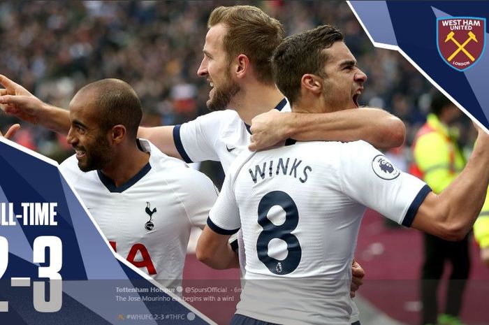 Lucas Moura (paling kiri) dan Harry Winks (paling kanan) merayakan gol Harry Kane (tengah) saat Tottenham Hotspur berhadapan dengan West Ham United.