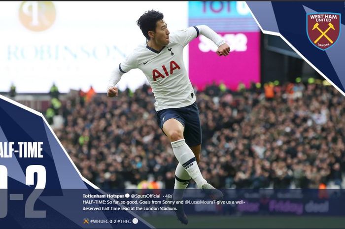 Pemain sayap Tottenham Hotspur, Son Heung-min, merayakan gol yang ia cetak ke gawang West Ham United.