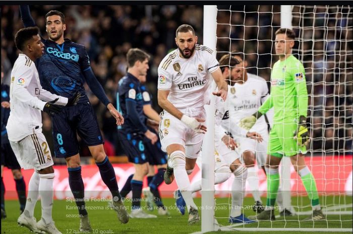 Penyerang Real Madrid, Karim Benzema, saat meryakan gol ke gawang Real Sociedad.