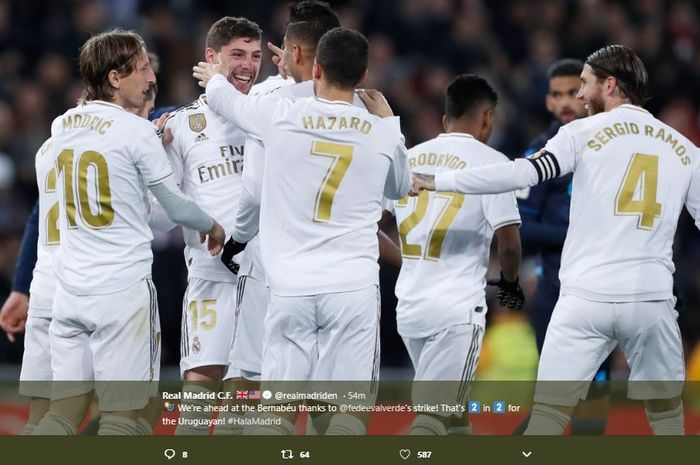 Selebrasi pemain Real Madrid merayakan kemenangan atas Real Sociedad di Santiago Bernabeu, Sabtu (23/11/2019) atau Minggu dini hari WIB.