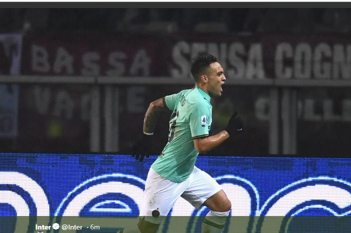 Lautaro Martinez, merayakan gol yang dicetaknya dalam laga Torino kontra Inter Milan pada pekan ke-13 Liga Italia, Sabtu (23/11/2019) di Stadion Olimpico Turin.