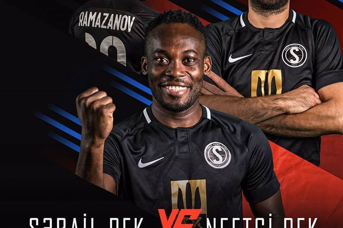 Iklan laga Sabail FK kontra Netchi FC pada lanjutan Liga Azerbaijan untuk pekan depan yang menampilkan salah satunya pemain asing mereka, Michael Essien (depan). 